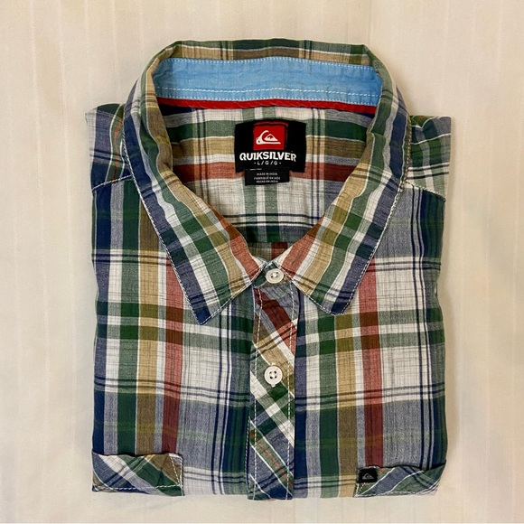 QUICKSILVER plaid multi-color long-sleeve collared 2-pocket shirt sz L - Picture 8 of 9